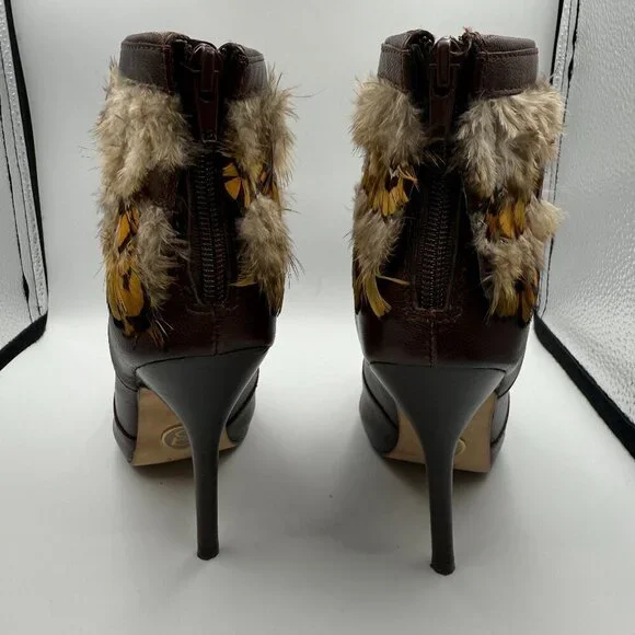 Bebe Vintage Brown Leather Feather-Trimmed Stiletto Boots – Size 6 Used - Picture 3 of 7